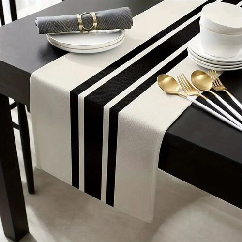 1pc Geometric Stripe Linen Table Runner, Modern Simple Black