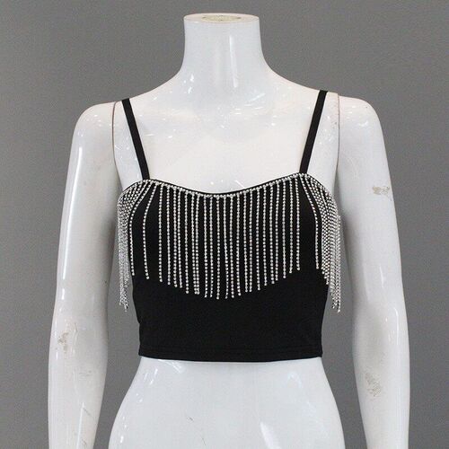 Womens Solid lor Stitching Diamond Chain Tassel Strapless N