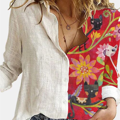 Fashion Loose Animal Cat Digital Print Women Shirt Autumn Of