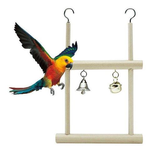 Natural Wood Bird Swing Toy With Bells For Parrot Budgie