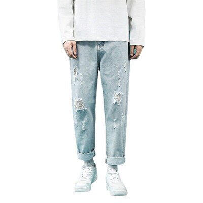 Jeans Mens Summer Thin Fashionable Loose Straight Ripped Ni