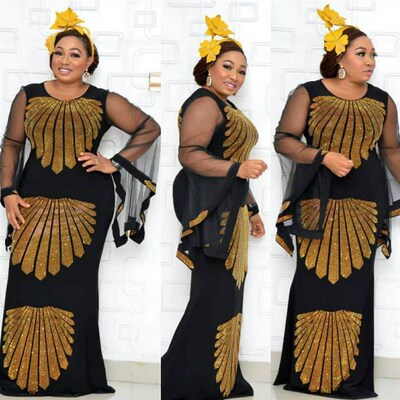 African mom dress fashion gauze horn sleeve hot diamond hip-