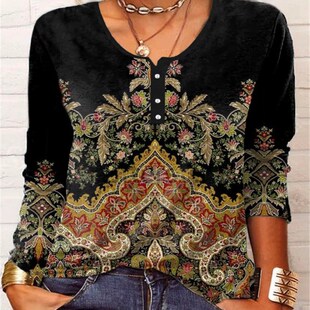 Vintage Ethnic Style Tops Women O Neck Splicing Button Loose