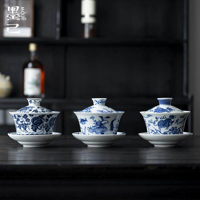 墨己 仿古青花大号三才盖碗 功夫茶具陶瓷八宝茶碗 大容量300ml