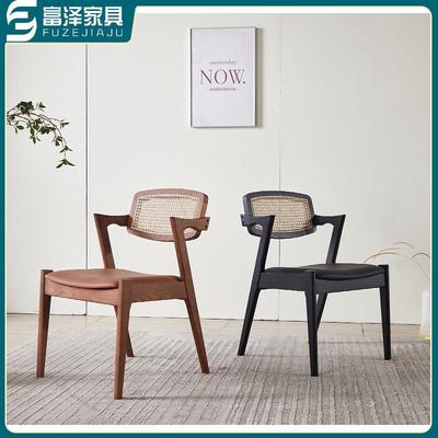 富泽家具现代简约北欧风格小户型家用餐厅客厅民宿实木编藤7字椅