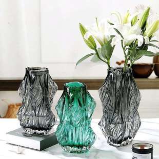 创意简约艺术异形玻璃花瓶水养插花鲜花雪柳样板房软装饰轻奢摆件