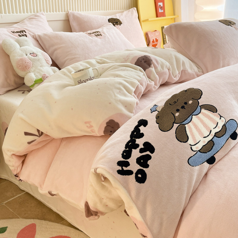 冬季加厚保暖毛巾绣床上四件学生宿舍三件可爱狗狗被罩,床上用品,床品套件/四件套/多件套,淘宝优惠券,粉丝福利购,淘宝优惠卷