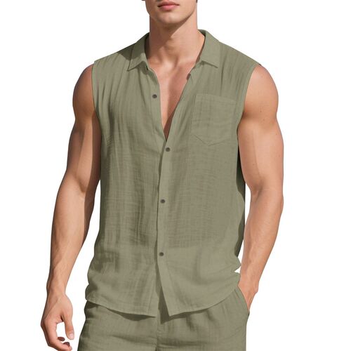 Summer New Mens Shirt Casual Sleeveless Linen Beach Shirt