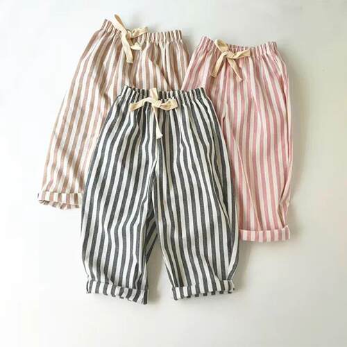 Retro Hemp Cotton Striped Boys Pants with A Casual and High