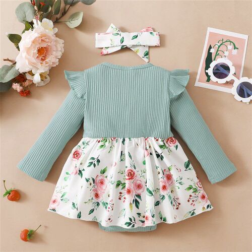 Pure Long Sleeve Flower Print Triangle Romper for Infant in