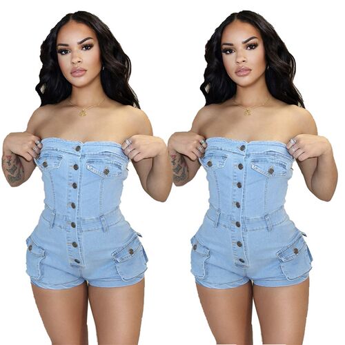 Denim Jumpsuit F88554 In Stock Hot Strapless Sretch Jumpsuit