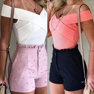 2020 new Fashion Solid Color High Waist Button Ruffled Beade