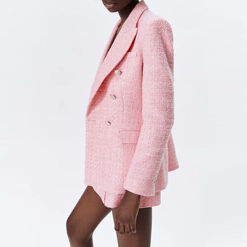 2022 New Womens Set Pink Tweed Double Breasted Blazer Coat