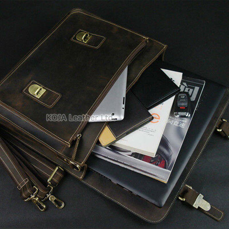 Vintage Crazy Horse Leather Men Briefcase Laptop Bag Work Bu