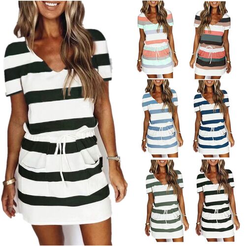 Women Drawstring Striped Print Dress Summer Female V Neck