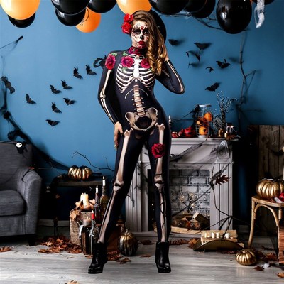 Party City Day of the Dead Catsuit Women's Halloween