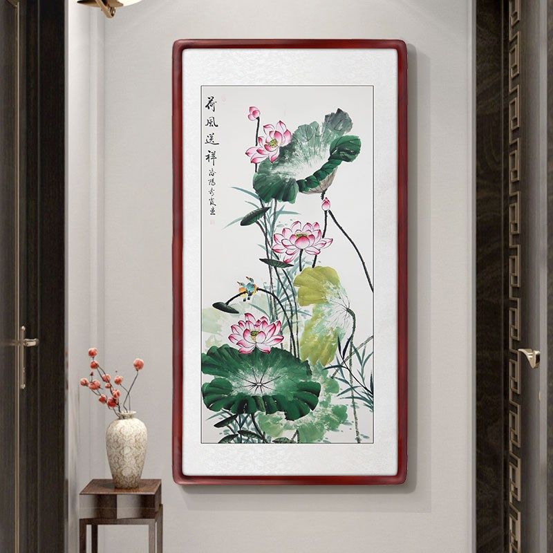 纯手绘写意国画荷花竖幅九鱼图连年有余花鸟画玄关中堂客厅装饰画