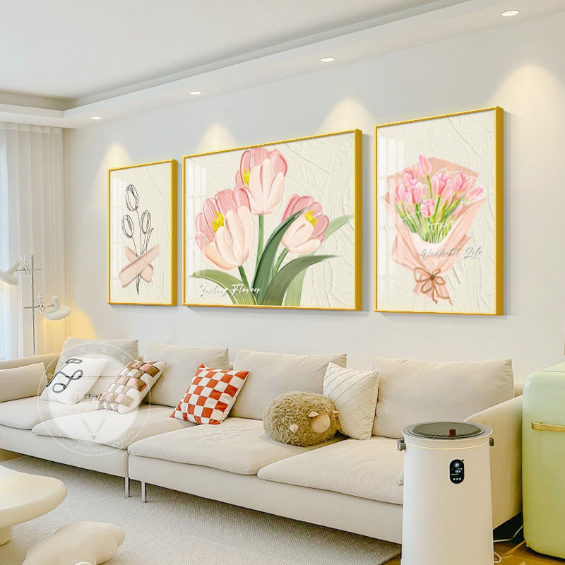 法式奶油风客厅装饰画郁金香沙发背景墙面挂画抽象高级感三联壁画