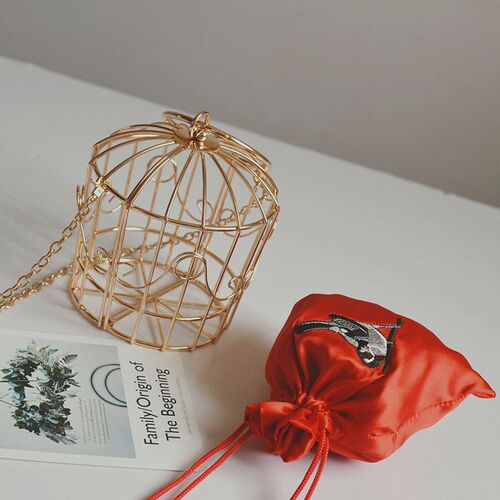 Womens Birdcage Evening Bag Clutch Metal Frame Embroidery B