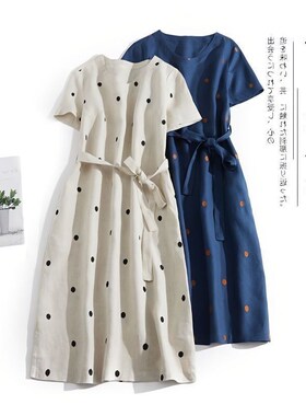 New 2-color Artistic Wave Dot V-neck Short-sleeved Linen Sho