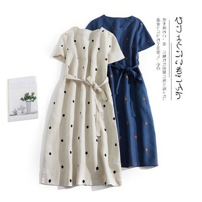 New 2-color Artistic Wave Dot V-neck Short-sleeved Linen Sho
