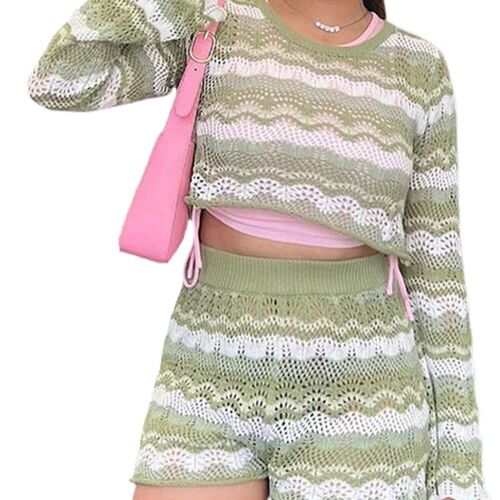Women 2 Piece Knit Long Sleeve Shorts Outfits Pullover Sweat