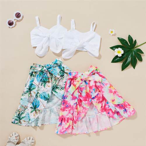 2-7Y Summer Kids Baby Girls Clothes Set Solid Off Shoulder C