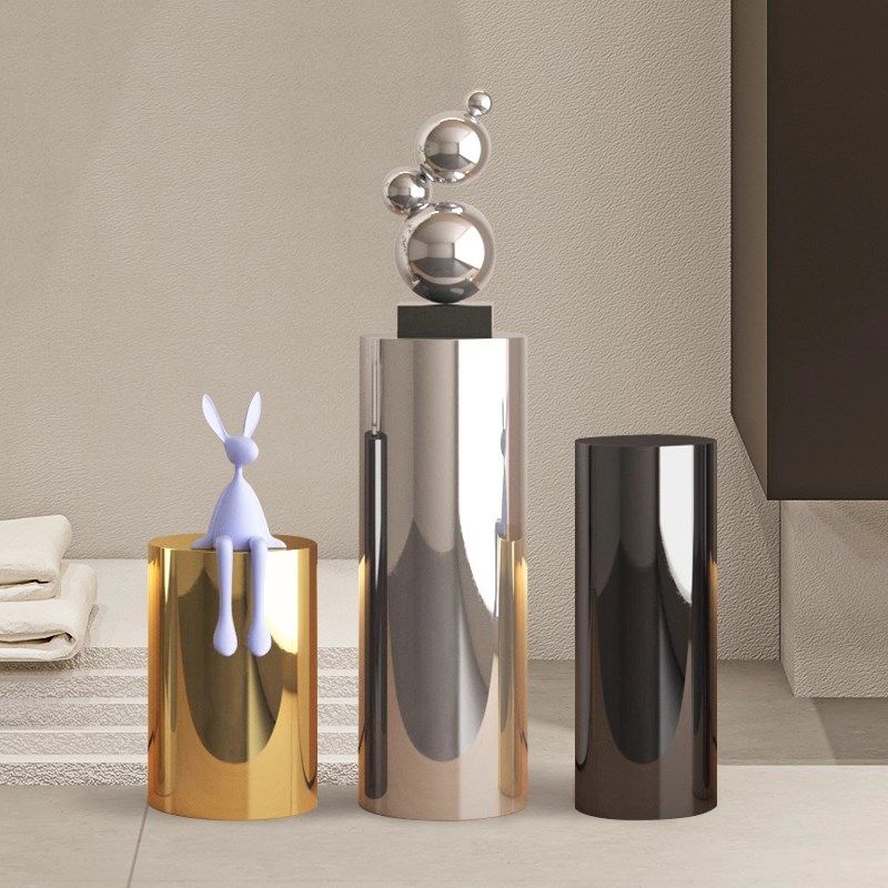 不锈钢圆柱摆件底座样板房客厅电视柜旁花架意式极简橱窗展示台,家居饰品,落地摆件,淘宝优惠券,粉丝福利购,淘宝优惠卷