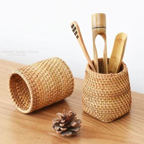 Handmade Rattan Storage Box Cosmetic Pen Holder Tea Ceremony