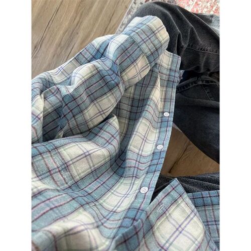 Mumaroho 2024 Women Autumn Winter Long Sleeve Blue Plaid Shi