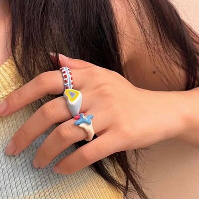 YK Colorful Enamel Heart Sweet Rings ndy Geometric Dripping