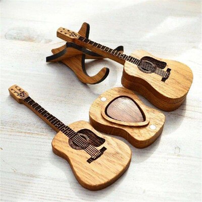 Wooden Guitar Pick Box Plectrum Container with Stand &