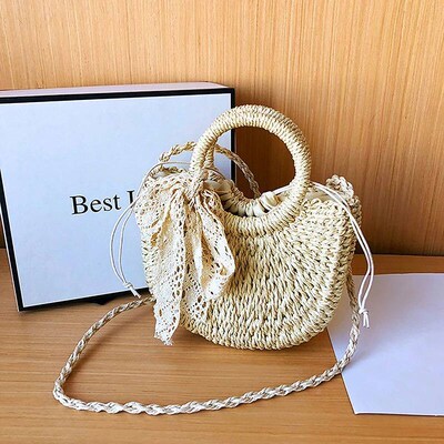 Handmade Half-Round Rattan Woven Straw Bag Summer Women Mess
