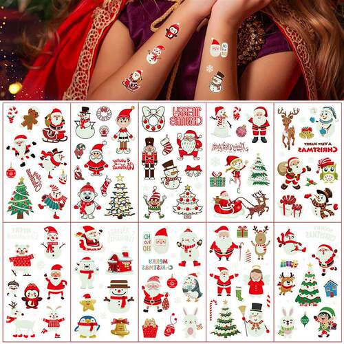 10 Sheets Christmas Luminous Tattoo Stickers,Cartoon Snowman