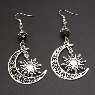 Gothic Dark Style Moon Sun Pentagram Earring Occult Crescent
