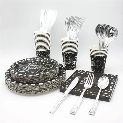 10Guests Black Stamping Silver Letter Happy Birthday Disposa