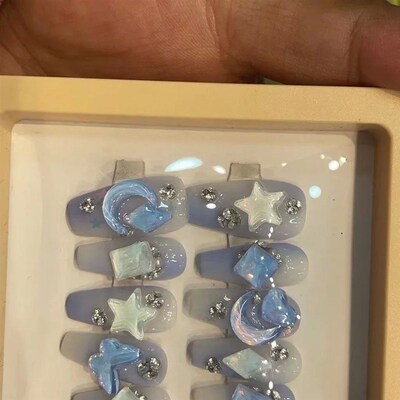 Blue Halo Fake Nails Star Moon Nail Patch Diamond Nail Art F