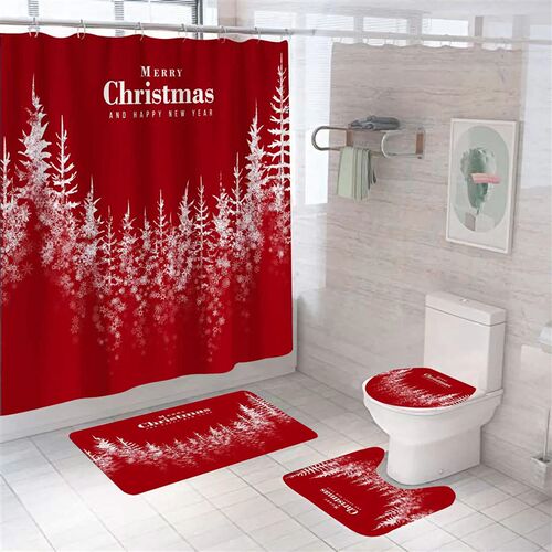 Red Christmas Tree Bathroom Set Shower Curtain Waterproof Sa