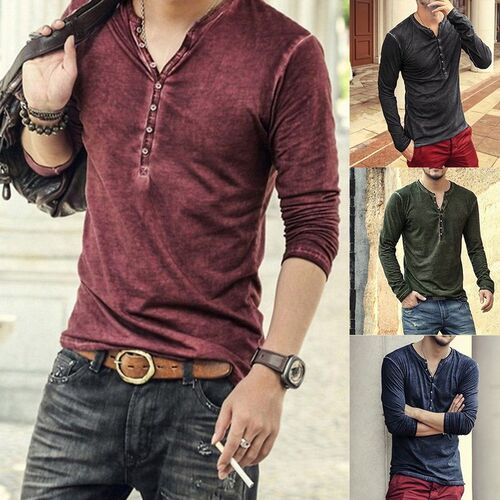2020 Men Tee Shirt V-neck Long Sleeve Tee&Tops Stylish Slim