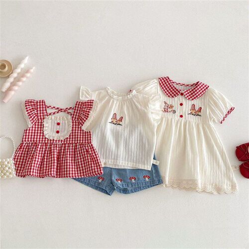 Summer 2025 Kids Checkered Dress Girls Cute Collar Embroider