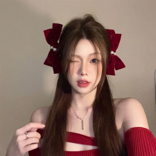 酒红甜心~蝴蝶结珍珠丝绒发夹女刘海碎发夹子新年圣诞新娘敬酒服