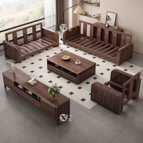 兮家黑胡桃木实木沙发客厅组合厚垫猫爪皮中式家具831#2人位