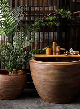 陶瓷粗陶手工大圆坛特大水缸棕木纹纹理线条鱼缸落地摆件庭院园林