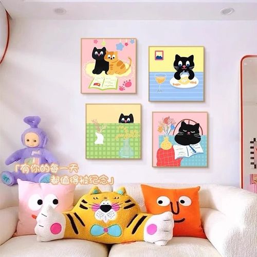 奶油风多彩卧室客厅组合画多巴胺猫咪餐厅柜台摆画儿童房床头挂画
