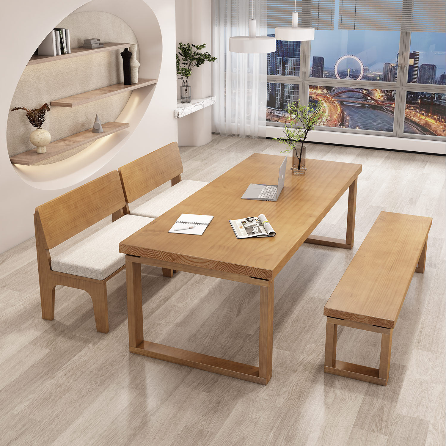 全实木客厅书桌一体长方形工作台家用饭桌莫比恩原木学习大板桌子