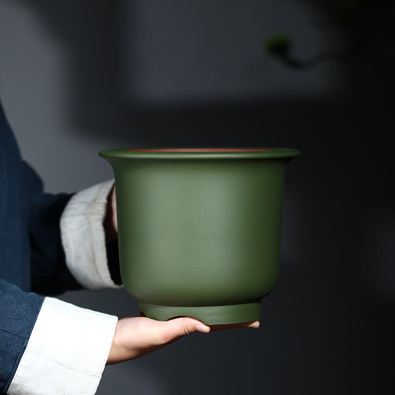 清香阁紫砂 绿泥粉浆金钟口径21cm 桌面春兰花盆室内绿植古典花器