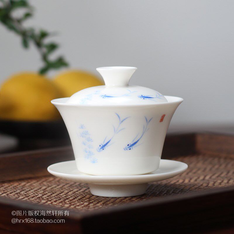 复古 手工玉瓷潮州功夫茶具手绘小鱼三才杯盖碗泡茶碗冲茶碗 大号