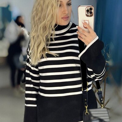 Black And White Stripe Sweater Streetwear Loose Tops Women P
