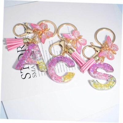 Cute Resin A-Z Initials Letter Keychain Pink Sparkle Butterf