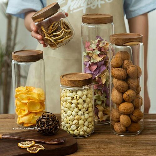 Wood Lid Glass Airtight Canister Kitchen Storage Bottles Jar